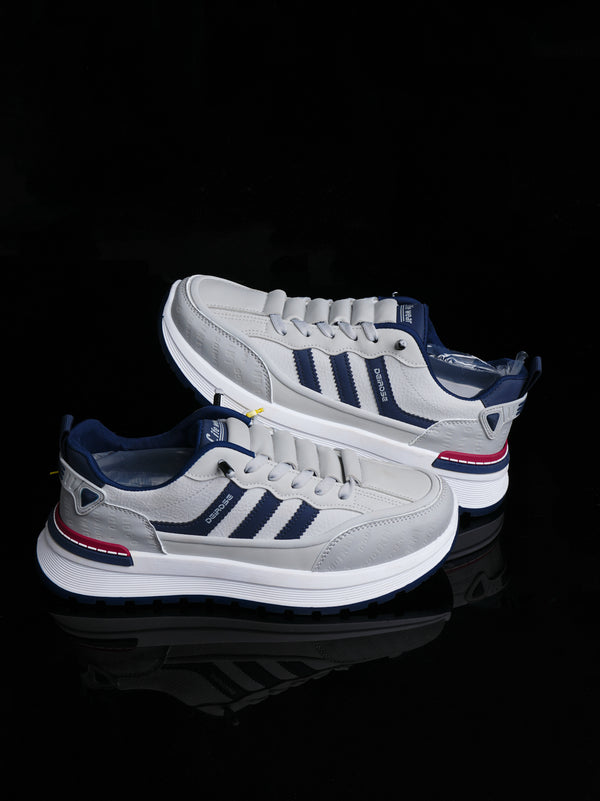 Men's Grey Casual Sneaker - Navy 3-Stripe Retro Look