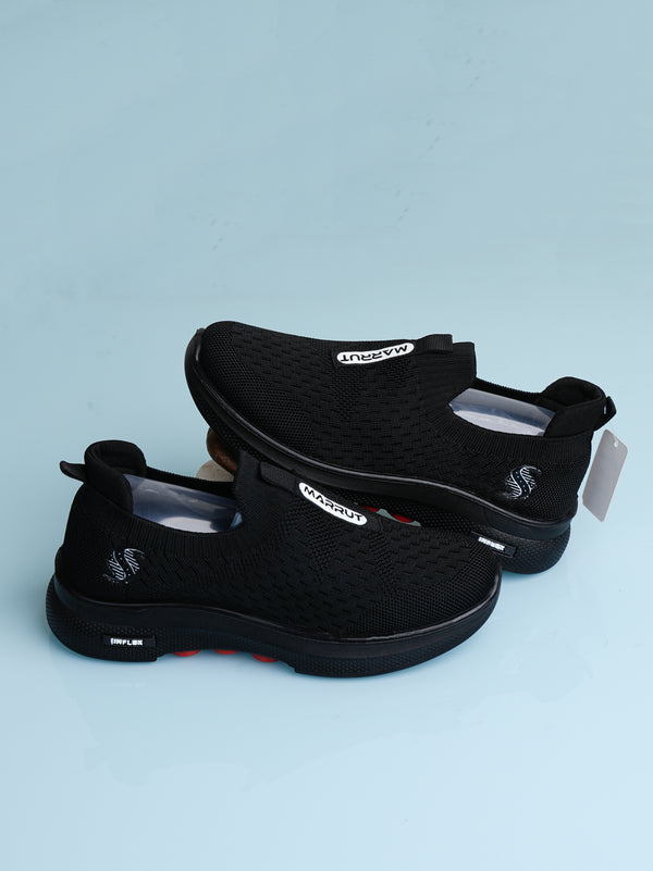 Marrut Women's Black Slip-On Walking Shoes - Knit Comfort